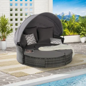5 Pieces Outdoor Patio Round Daybed Furniture,Wicker Conversation Set with Retractable Canopy, Soft Cushions, and Storable Table for Leisure in Porch Backyard
