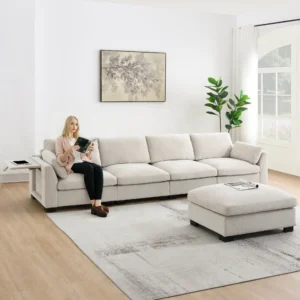 130' Modular Sectional Sofa, L-Shape with Folding Table and Dual-Port Charging, Side Storage Pockets, 2 Armrest Pillows, Free Movement Ottoman, High Density Foam, Chenille, 5 Seat, 2 Colors